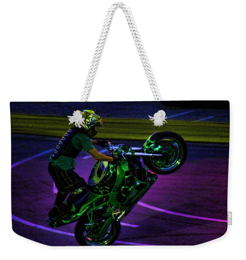 Motorcycle Weekender Tote Bag featuring the photograph Stunting 2 by Lawrence Christopher