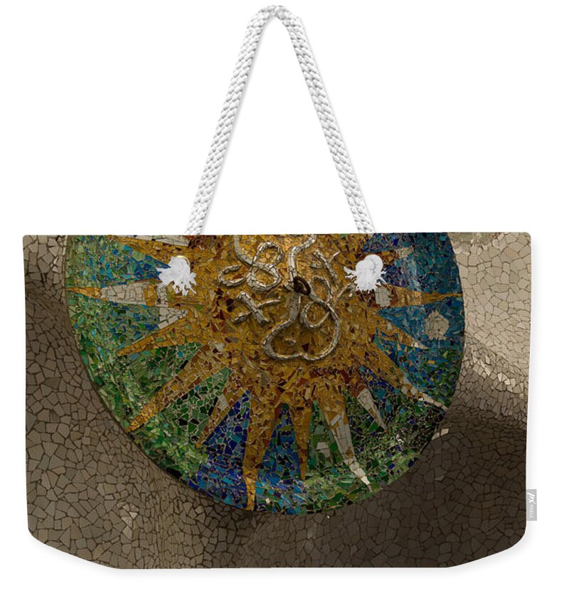 Antonio Gaudis Weekender Tote Bag featuring the photograph Stylized Sun - Antoni Gaudi Ceiling Medallion at Hypostyle Room in Park Guell - Left Vertical by Georgia Mizuleva