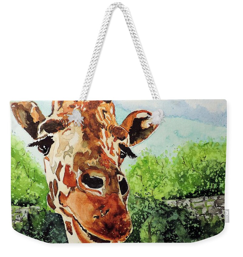 Giraffe Weekender Tote Bag featuring the painting Such a Sweet Face by Tom Riggs