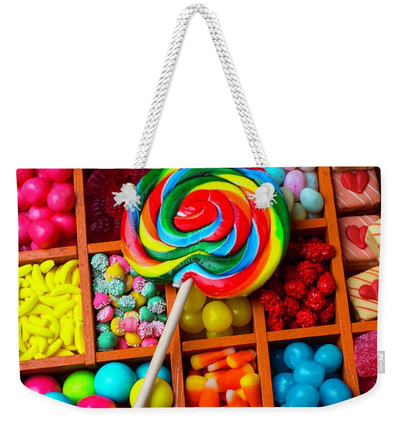 Jelly Beans Weekender Tote Bag featuring the photograph Sucker With Assorment Of Candy by Garry Gay