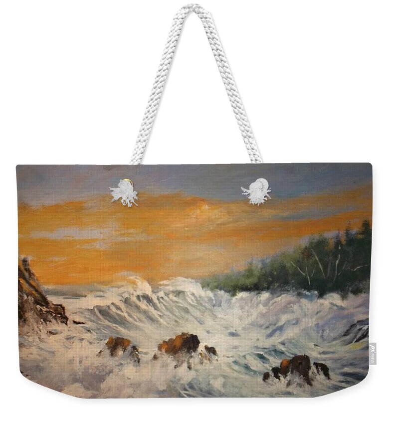 Waves Weekender Tote Bag featuring the painting Sudden Turbulence at Sunset by Al Brown