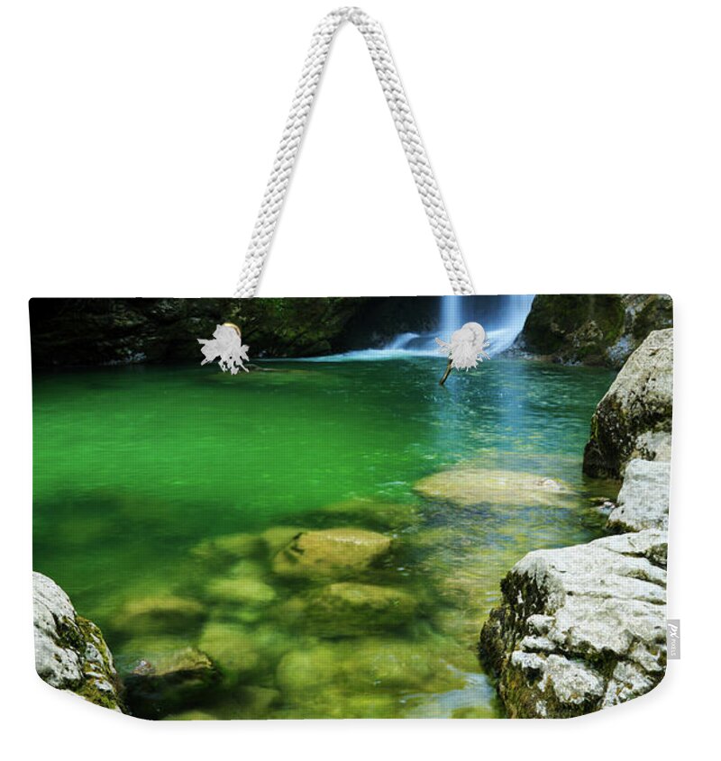 Sum Weekender Tote Bag featuring the photograph Sum Waterfall in Vintgar Gorge, near Bled, Slovenia. by Ian Middleton