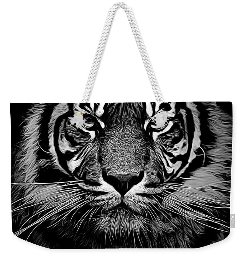 Sumatran Tiger Weekender Tote Bag featuring the photograph Sumatran tiger expressionism in mono by Sheila Smart Fine Art Photography