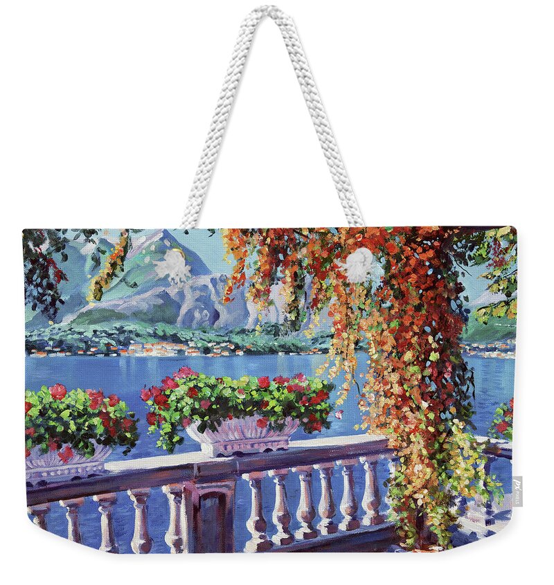 Lakes Weekender Tote Bag featuring the painting Summer at Lake Como by David Lloyd Glover
