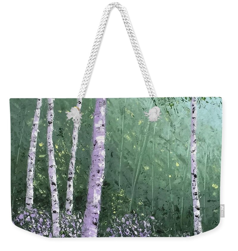 Birchtrees Weekender Tote Bag featuring the painting Summer Birch Trees by Brenda Bonfield