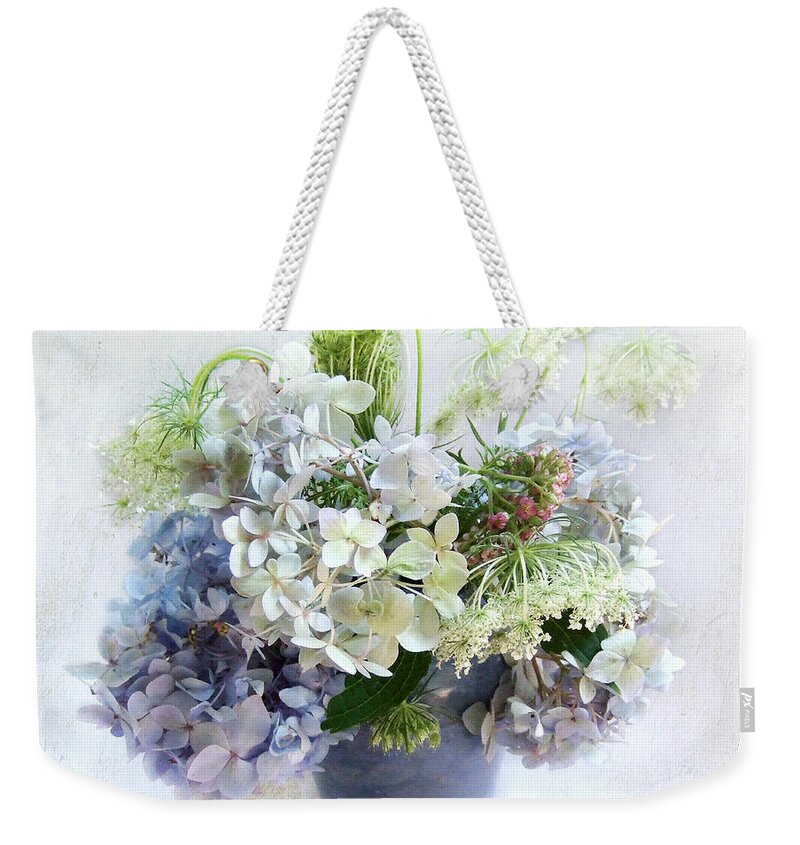 Hydrangea Weekender Tote Bag featuring the photograph Summer Bouqet in Blue and White by Louise Kumpf