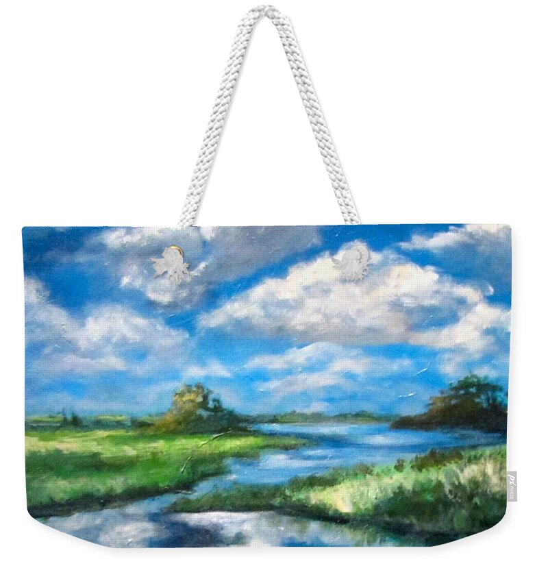 Sky Weekender Tote Bag featuring the painting Summer Clouds by Barbara O'Toole