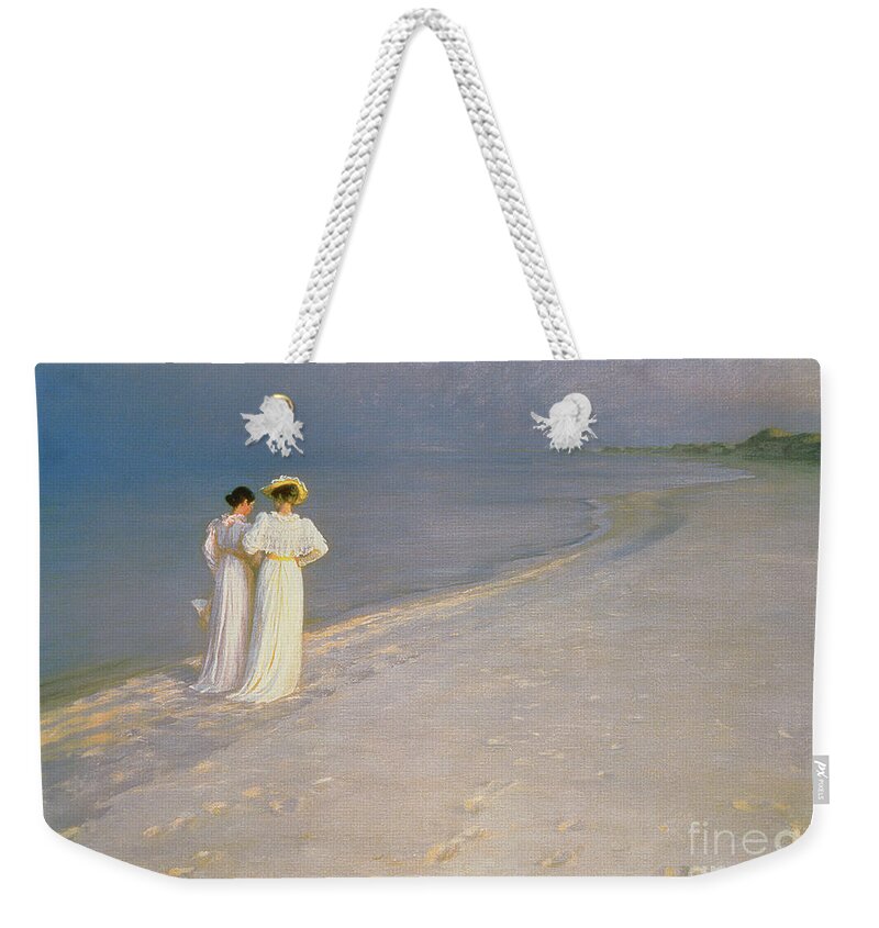 Kroyer Weekender Tote Bag featuring the painting Summer Evening on the Skagen Southern Beach with Anna Ancher and Marie Kroyer by Peder Severin Kroyer