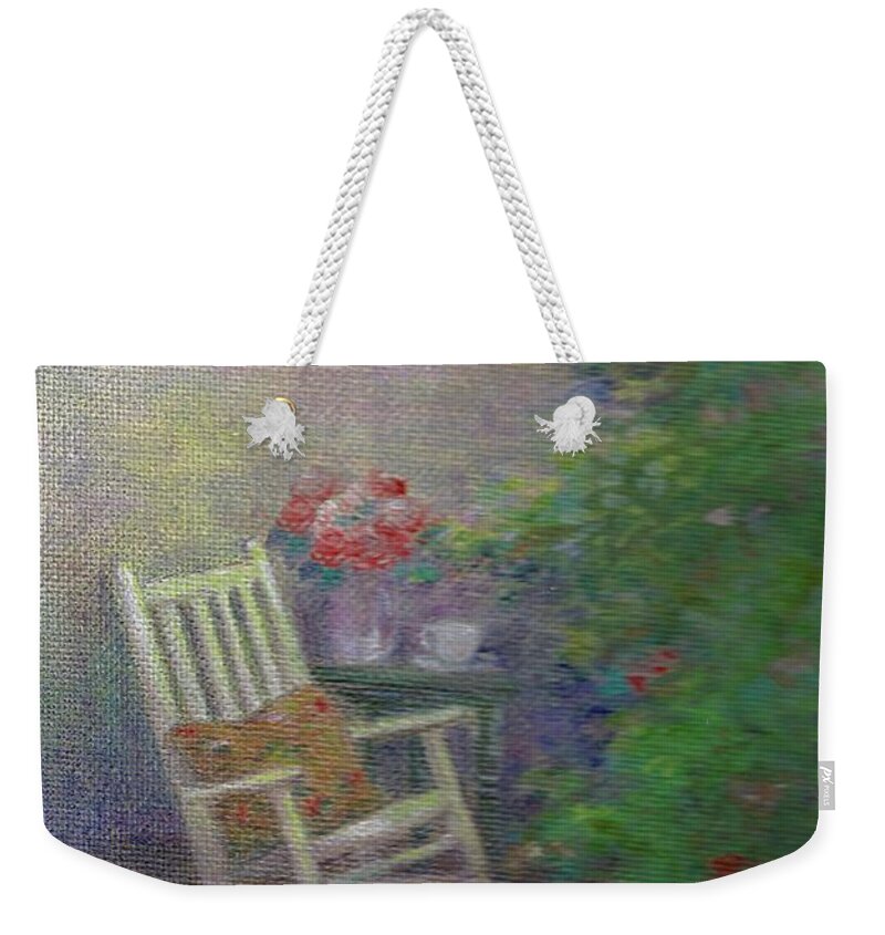 Illustrated Summer Porch Weekender Tote Bag featuring the painting Summer Porch and Rocker by Judith Cheng