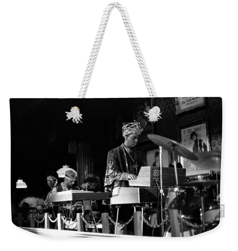 Jazz Weekender Tote Bag featuring the photograph Sun Ra Arkestra at the Red Garter 1970 NYC 37 by Lee Santa