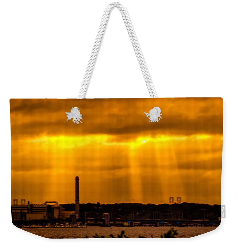 Sun Rays Weekender Tote Bag featuring the photograph Sun Rays over Boston by Lilia S