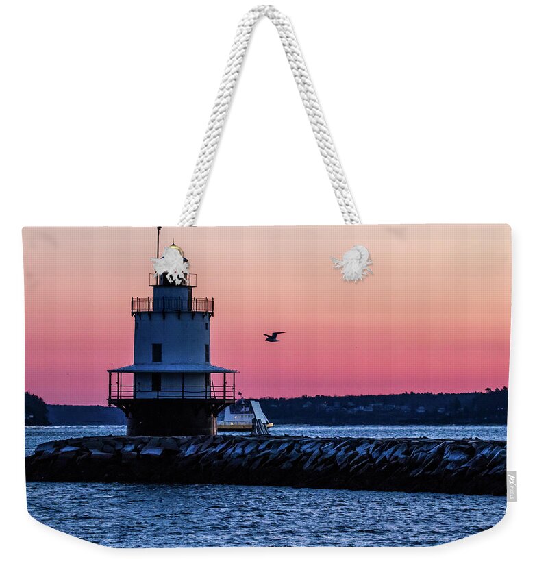 Spring Point Ledge Lighthouse Weekender Tote Bag featuring the photograph Sun Rise at Spring Point by Darryl Hendricks