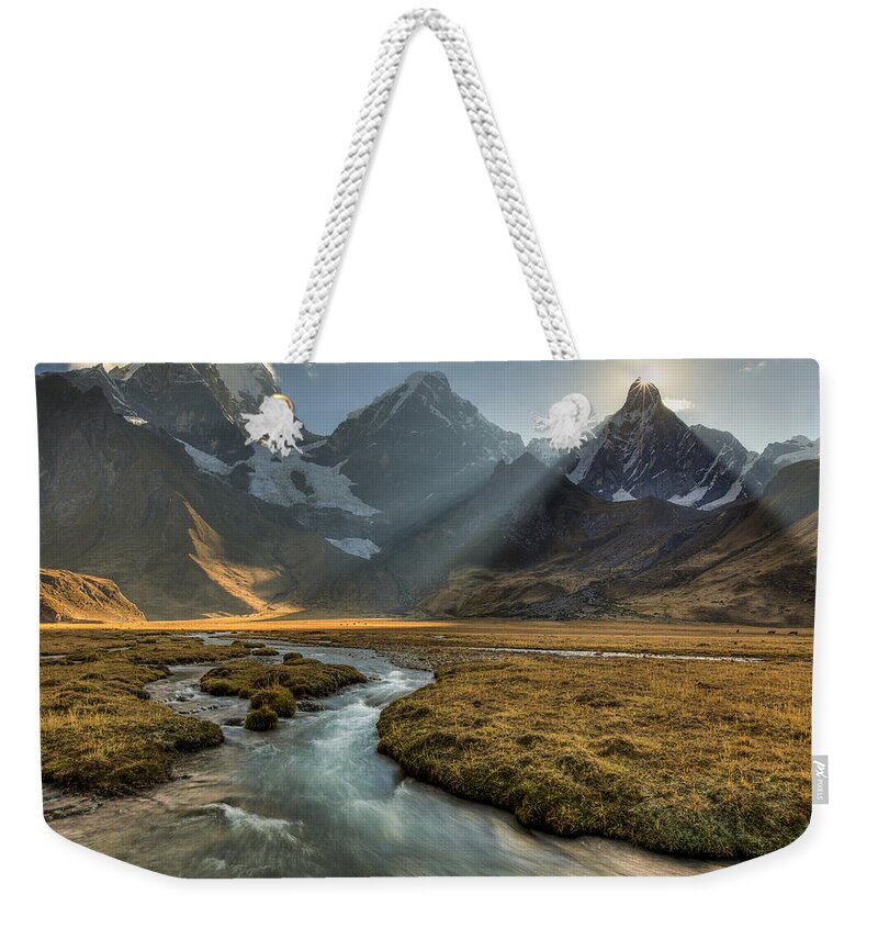 00498205 Weekender Tote Bag featuring the photograph Sun Setting Behind Jirishanca Peak by Colin Monteath