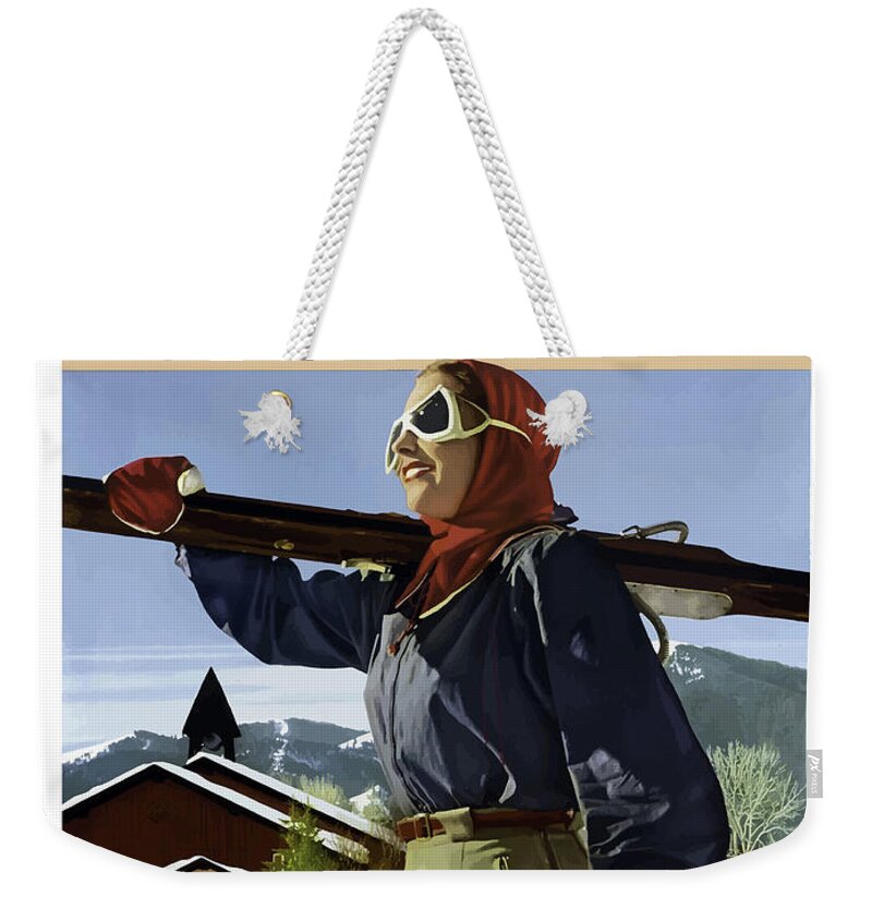 Sun Valley Weekender Tote Bag featuring the painting Sun Valley, Idaho, woman with ski by Long Shot