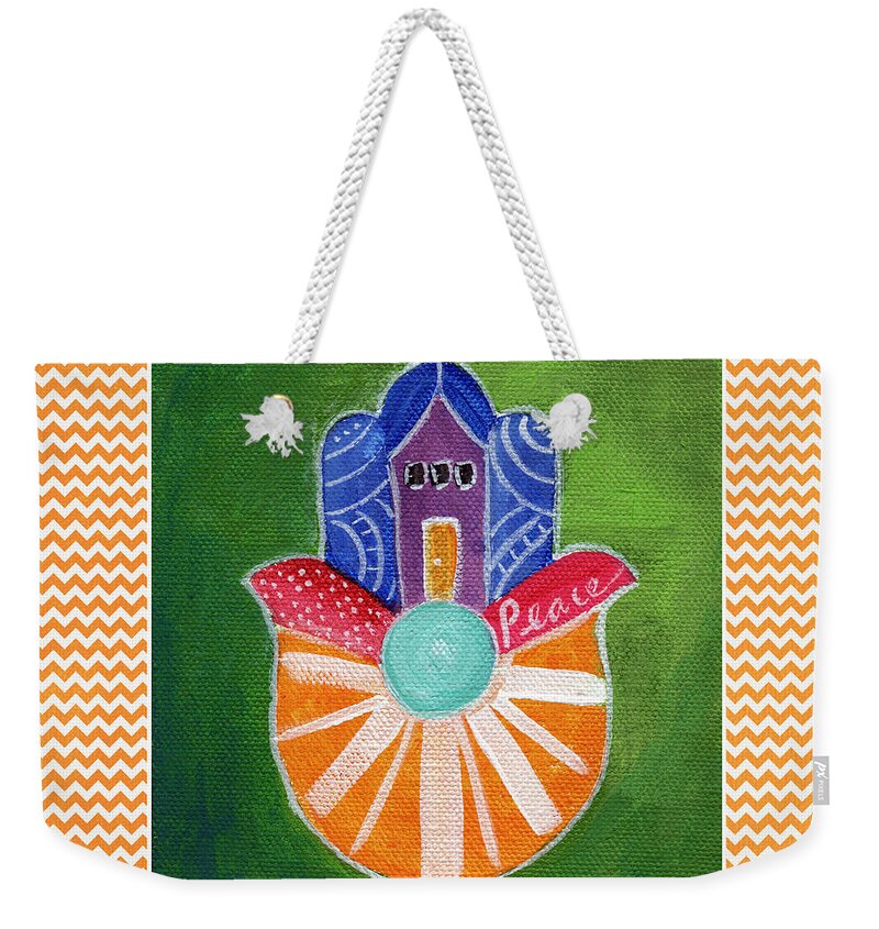 Hamsa Weekender Tote Bag featuring the painting Sunburst Hamsa with Chevron Border by Linda Woods