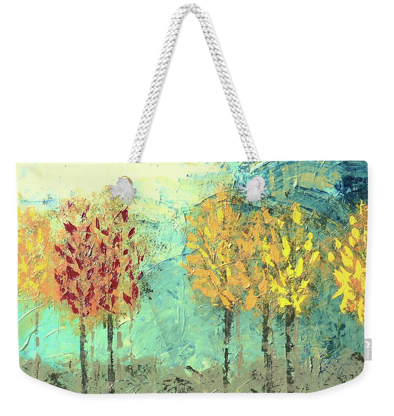 Sunrise Weekender Tote Bag featuring the painting Sundown Trees by Linda Bailey