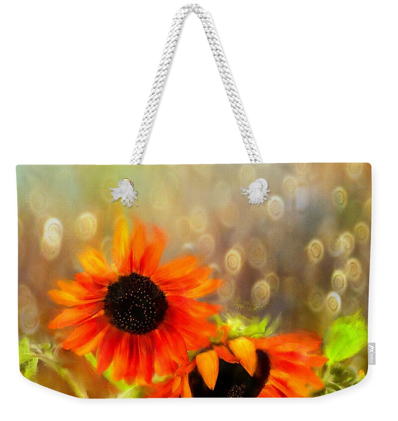 Floral Weekender Tote Bag featuring the digital art Sunflower Rain by Sand And Chi