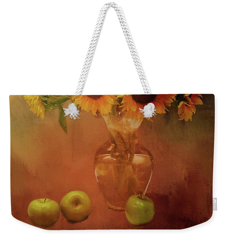Sunflowers Weekender Tote Bag featuring the mixed media Sunflower Reflections by Theresa Campbell
