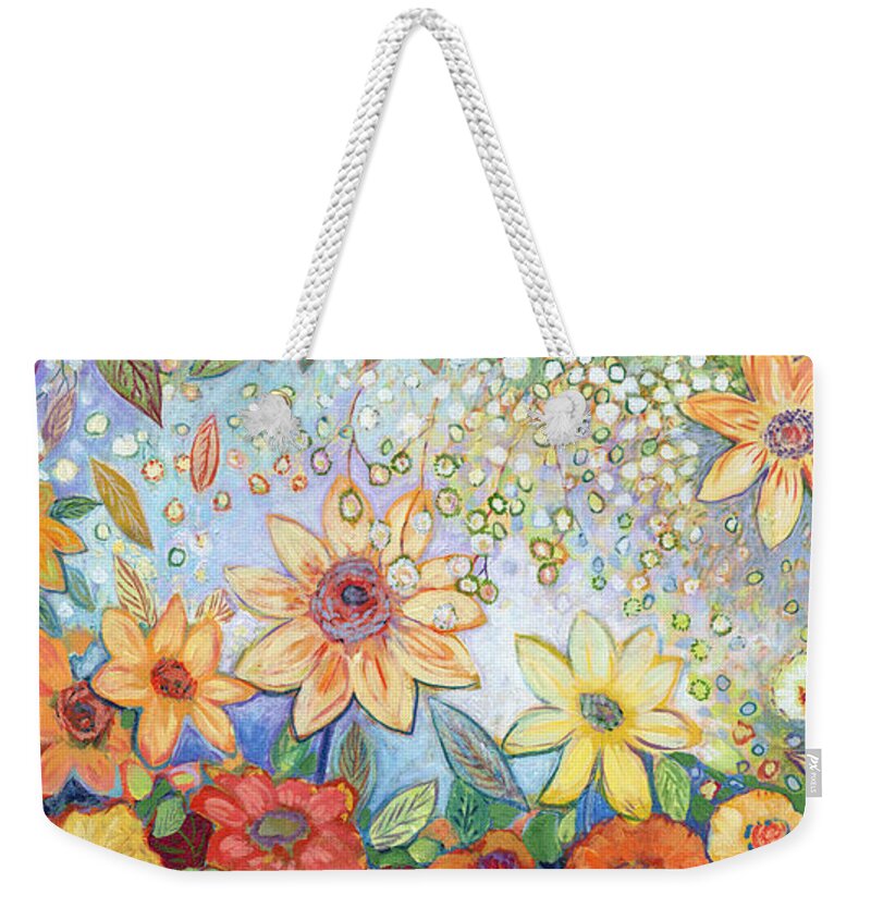 Abstract Weekender Tote Bag featuring the painting Sunflower Tropics by Jennifer Lommers