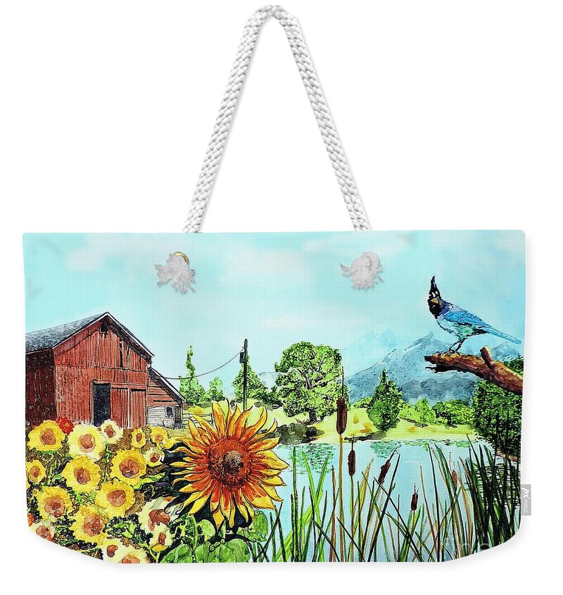 Blue Jay Weekender Tote Bag featuring the painting Sunflowers and JayBird by Tom Riggs
