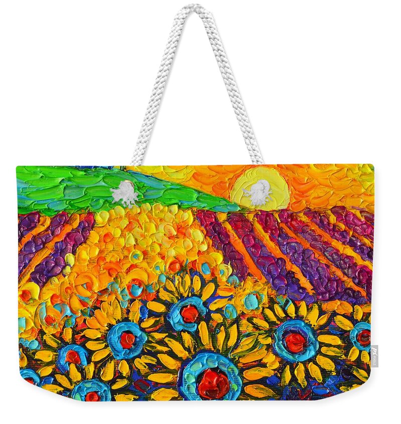 Sunflower Weekender Tote Bag featuring the painting Sunflowers And Lavender At Sunrise Palette Knife Oil Painting By Ana Maria Edulescu by Ana Maria Edulescu