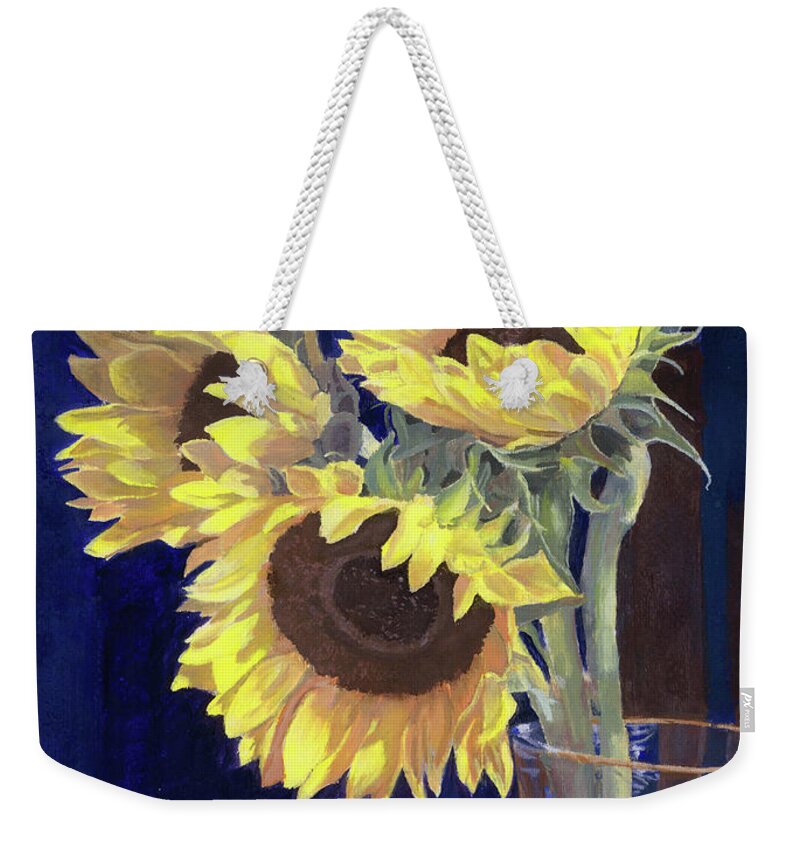 Sunflowers Weekender Tote Bag featuring the painting Sunflowers and Light by Lynne Reichhart