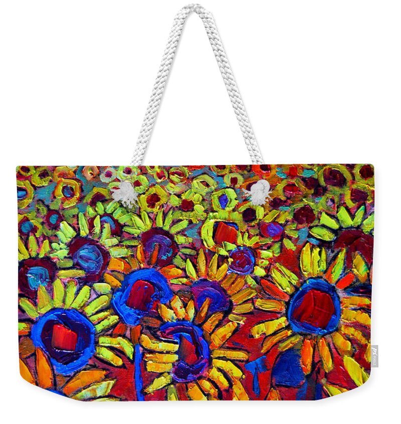 Sunflowers Weekender Tote Bag featuring the painting Sunflowers Field At Sunrise by Ana Maria Edulescu