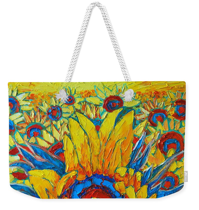 Sunflowers Weekender Tote Bag featuring the painting Sunflowers Field In Sunrise Light by Ana Maria Edulescu