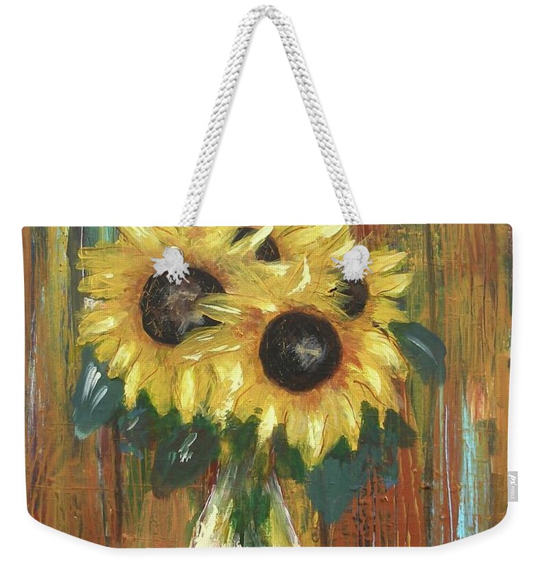 Sunflowers Flowers Vase Green Leaf Yellow Still Life Acrylic On Canvas Painting Print Jar Blue Colors Miroslaw Chelchowski Weekender Tote Bag featuring the painting Sunflowers by Miroslaw Chelchowski