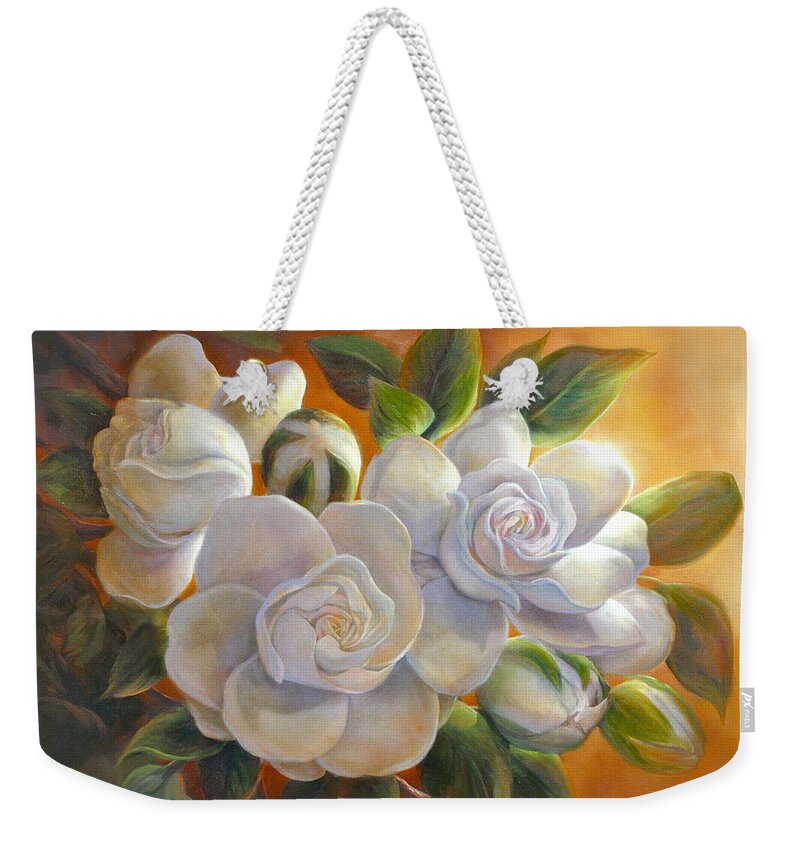 White Gardenia Weekender Tote Bag featuring the painting Sunkissed Gardenia by Lynne Pittard