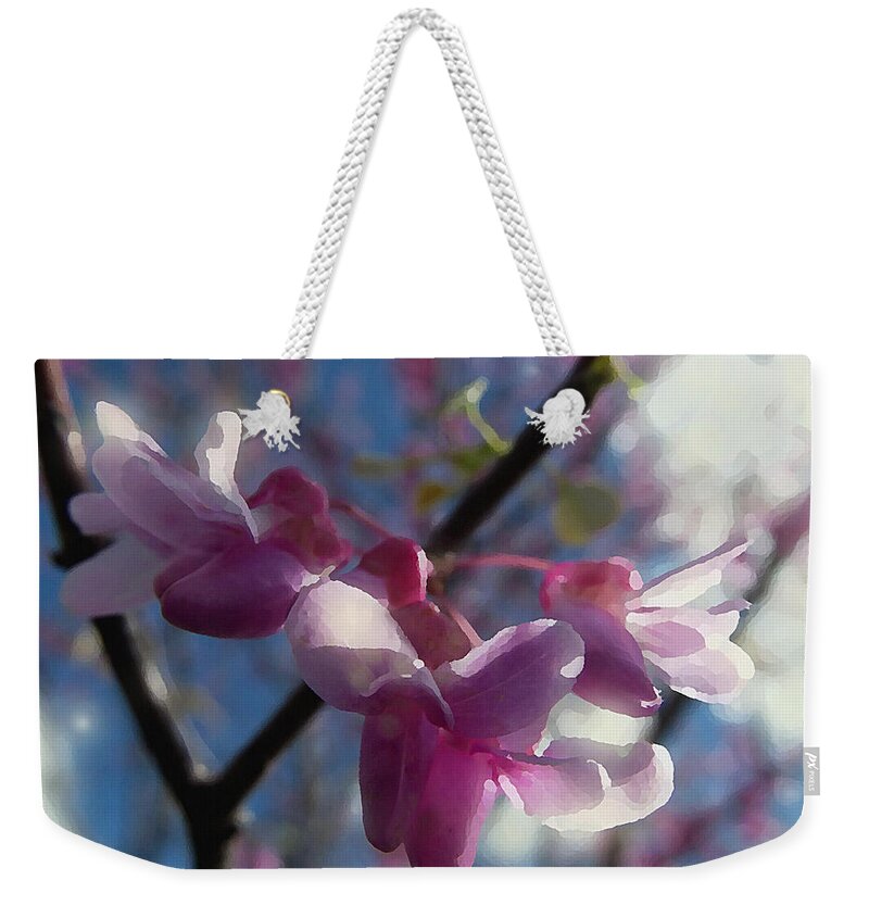 Spring Weekender Tote Bag featuring the mixed media Sunlight on Redbuds by Shelli Fitzpatrick