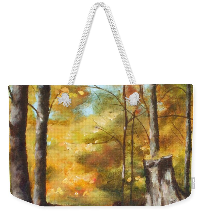 Painting Weekender Tote Bag featuring the painting Sunlit Tree Trunk by Claire Gagnon