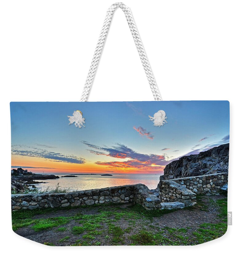 Marblehead Weekender Tote Bag featuring the photograph Sunrise at Castle Rock Marblehead MA Rocky Coast by Toby McGuire
