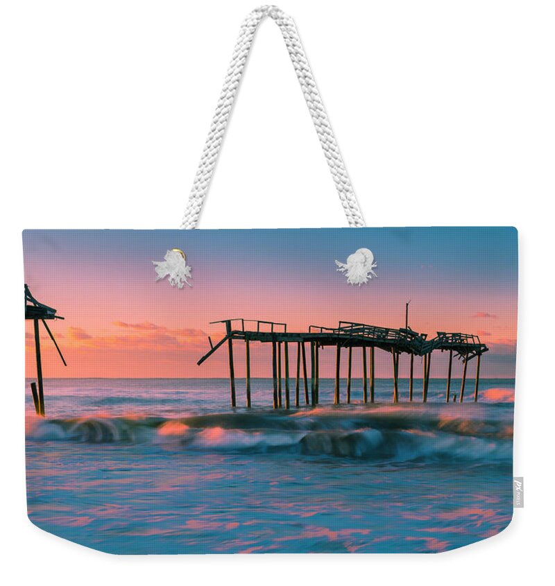 Outer Banks Weekender Tote Bag featuring the photograph Sunrise at Outer Banks Fishing Pier in North Carolina Panorama by Ranjay Mitra