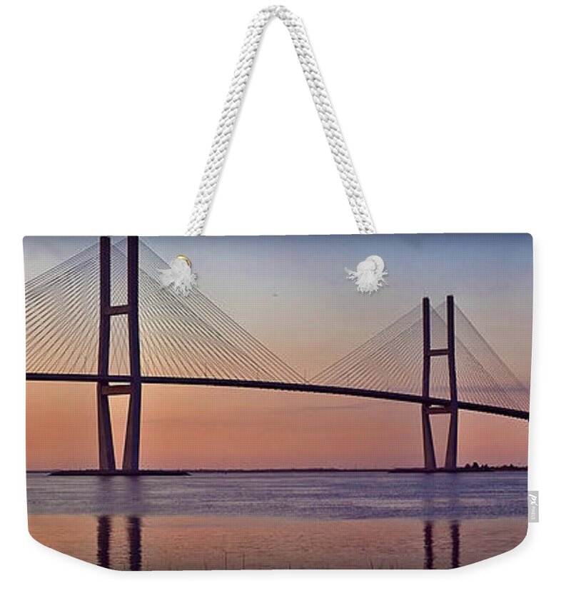 Sidney Weekender Tote Bag featuring the photograph Sunrise at the Sidney Lanier Bridge by Farol Tomson