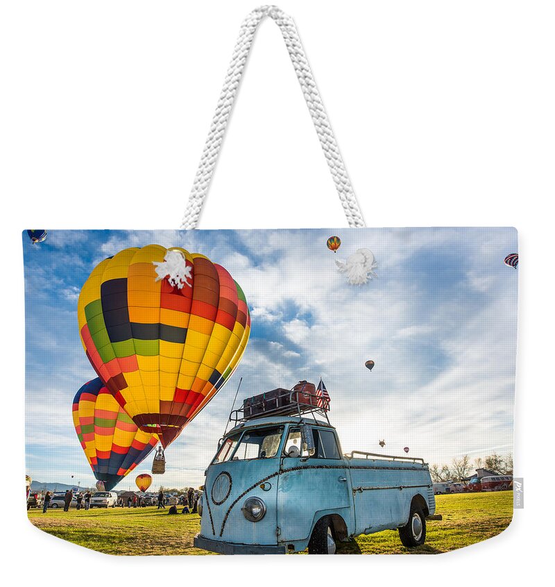 Arizona Weekender Tote Bag featuring the photograph Sunrise Balloon Liftoff over VW Single Cab by Richard Kimbrough