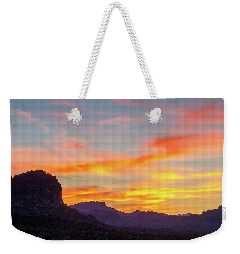 Superstition Mountains Weekender Tote Bag featuring the photograph Sunrise from Hieroglyphic Trail by Greg Nyquist