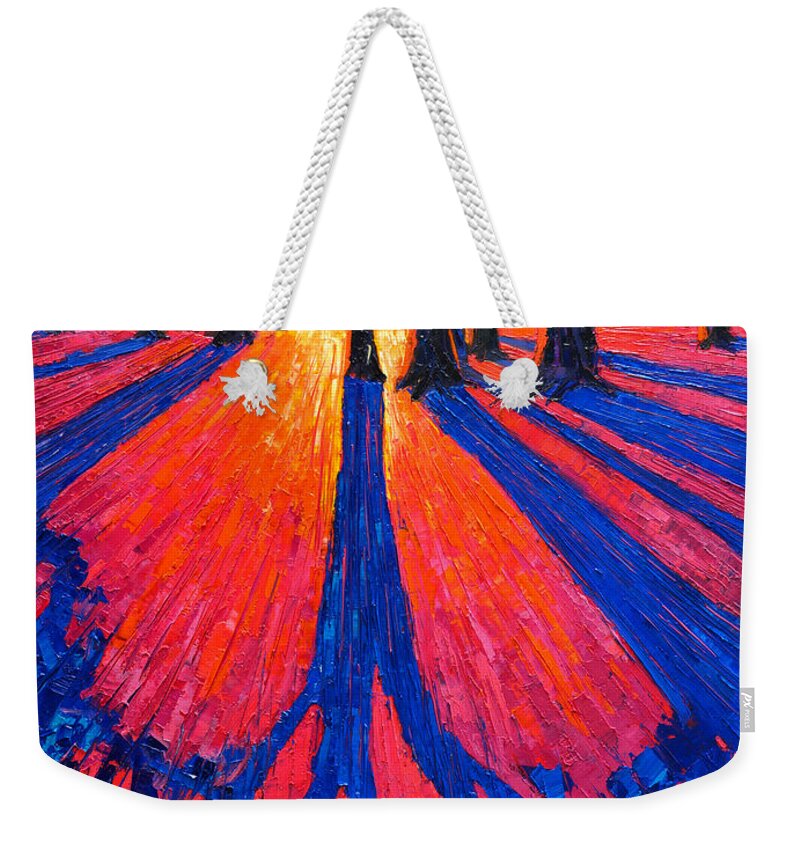 Trees Weekender Tote Bag featuring the painting Sunrise In Glory - Long Shadows Of Trees At Dawn by Ana Maria Edulescu