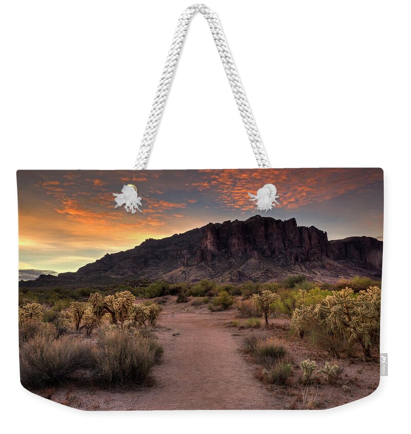 Superstitions Weekender Tote Bag featuring the photograph Sunrise in the Superstitions by Sue Cullumber