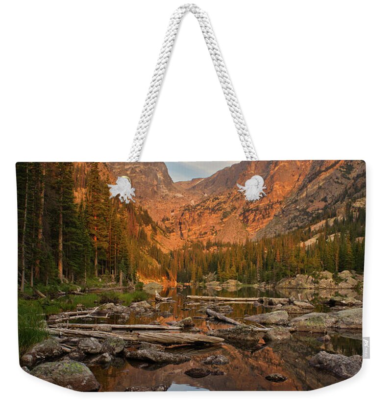 Dream Lake Weekender Tote Bag featuring the photograph Sunrise on Dream Lake by Kevin Schwalbe