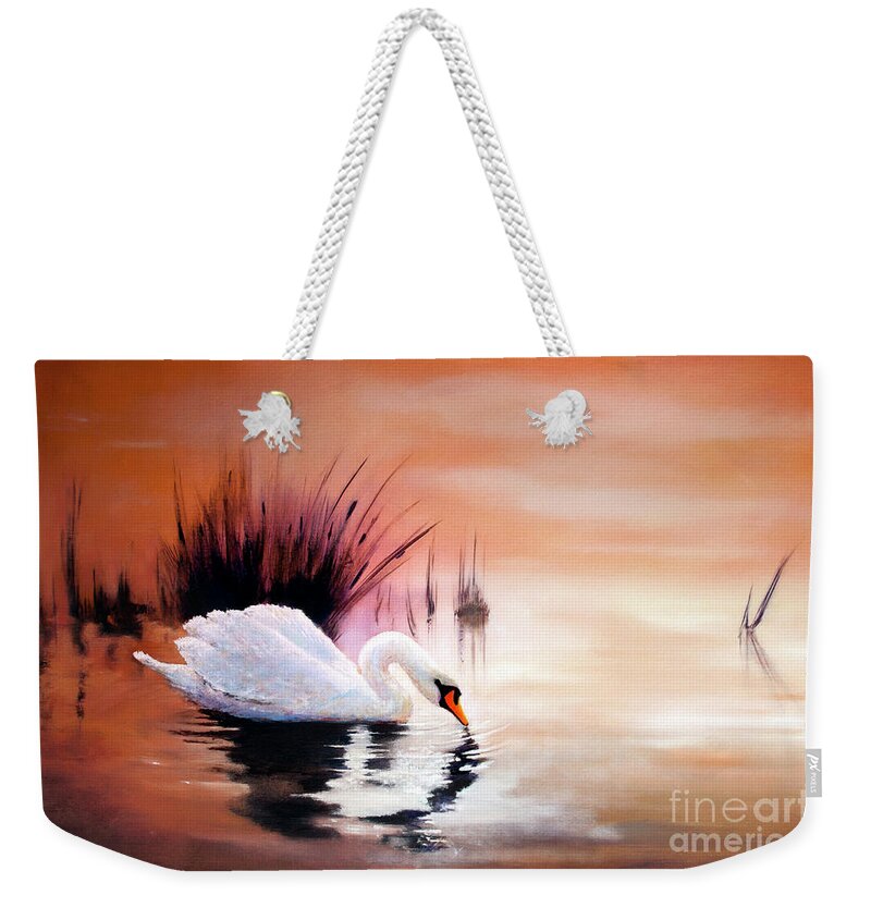Landscape Weekender Tote Bag featuring the painting Sunrise on Swan Lake by Michael Rock