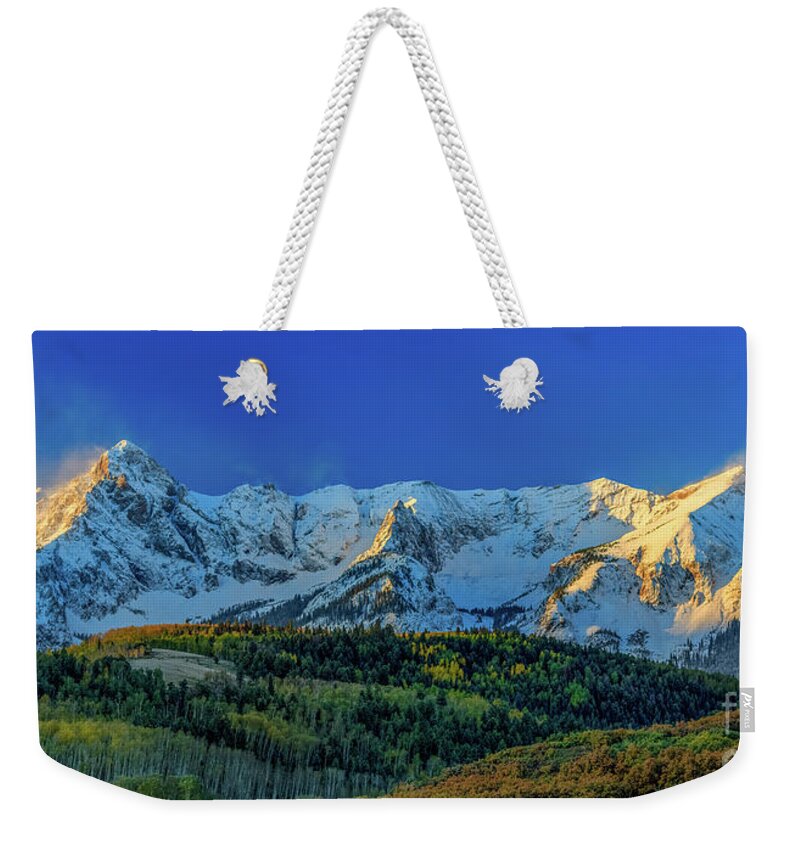 Colorado Weekender Tote Bag featuring the photograph Sunrise On The Dallas Divide by Doug Sturgess
