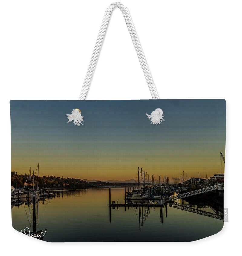 Sunrise Weekender Tote Bag featuring the photograph Sunrise on the Olympia Waterfront by Mark Joseph