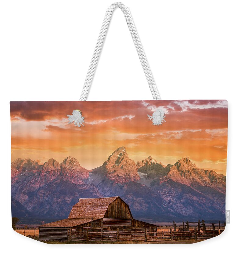 Grand Teton Weekender Tote Bag featuring the photograph Sunrise on the Ranch by Darren White