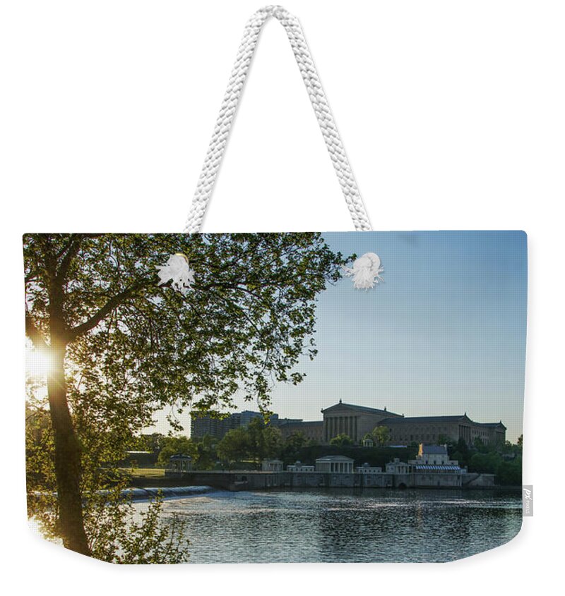 Sunrise Weekender Tote Bag featuring the photograph Sunrise on the Schuylkill River - Philadelphia Art Museum by Bill Cannon