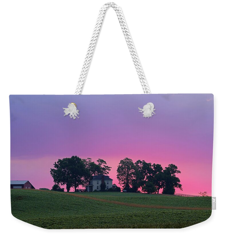 D Fa 28-105 Weekender Tote Bag featuring the photograph Sunrise over Farmhouse by Lori Coleman