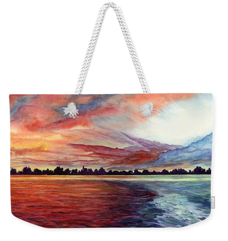 Sunrise Weekender Tote Bag featuring the painting Sunrise Over Indian Lake by Nancy Cupp