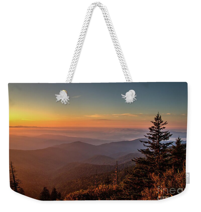 Smoky Weekender Tote Bag featuring the photograph Sunrise Over the Smoky's V by Douglas Stucky