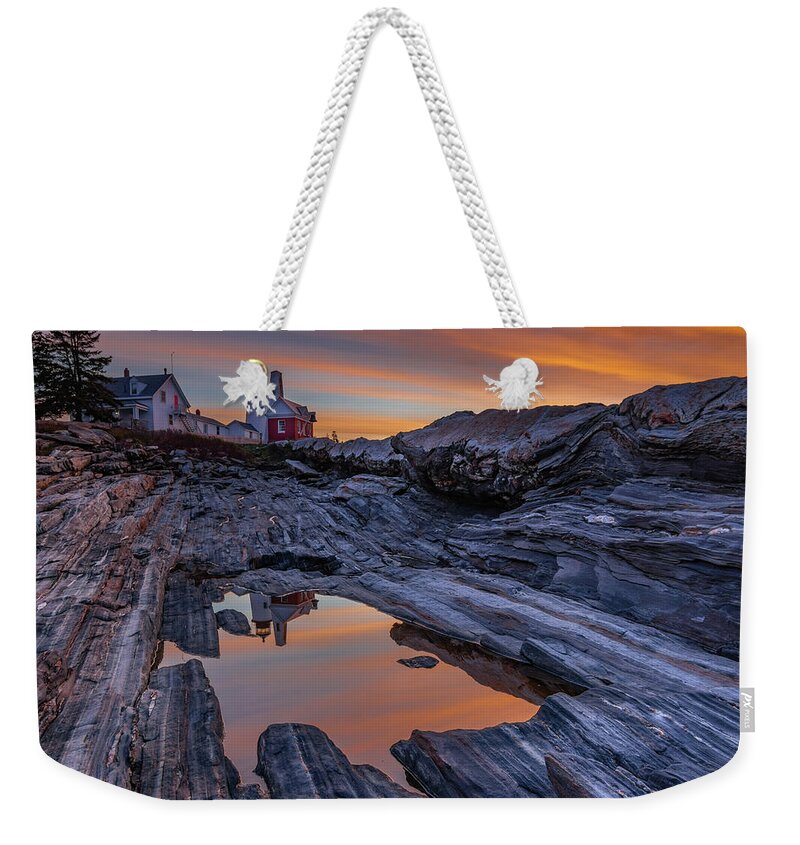 Pemaquid Point Lighthouse Weekender Tote Bag featuring the photograph Sunrise Reflections at Pemaquid Point by Kristen Wilkinson