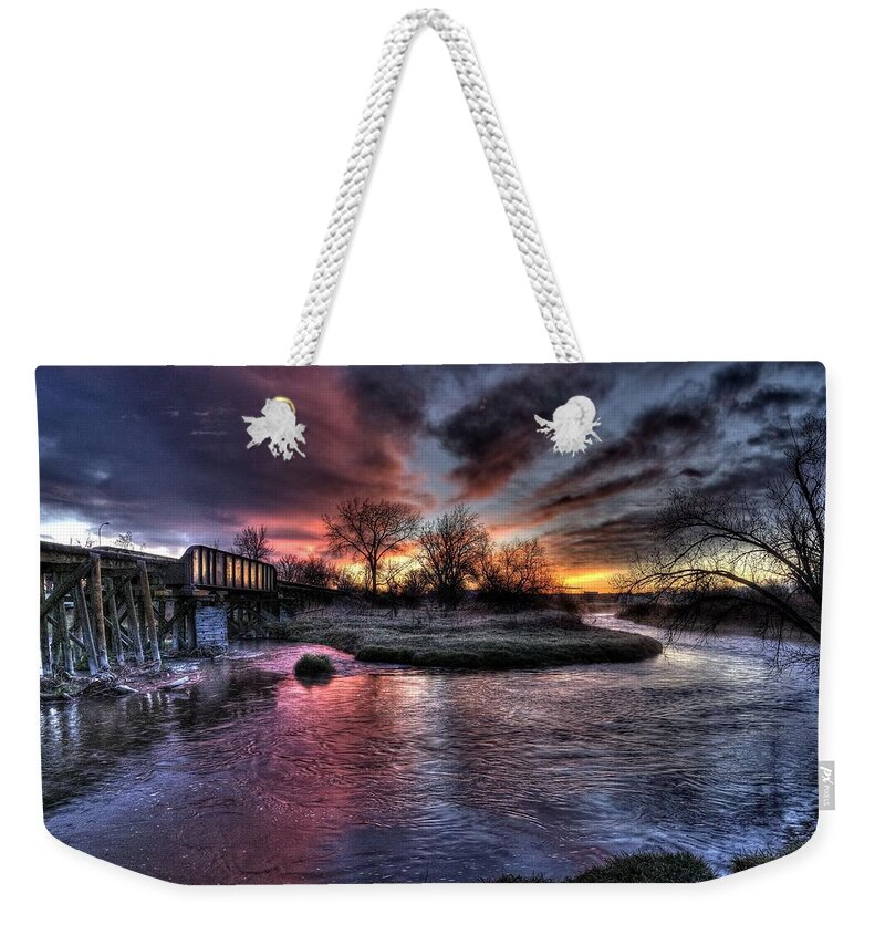 Railroad Weekender Tote Bag featuring the photograph Sunrise Trestle #1 by Fiskr Larsen